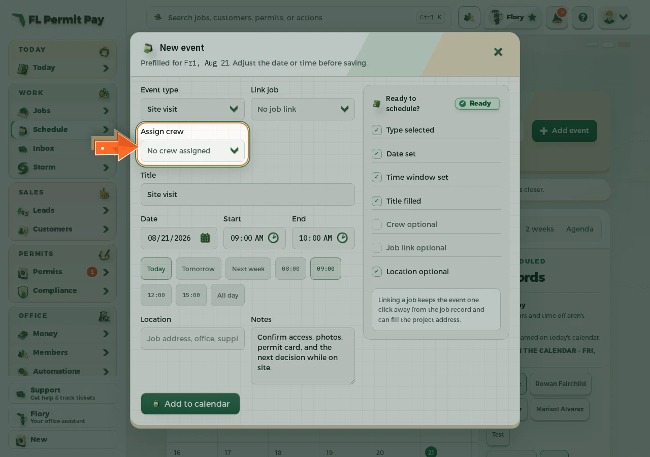 Where to find it: Assign the crew — the arrow points at the control