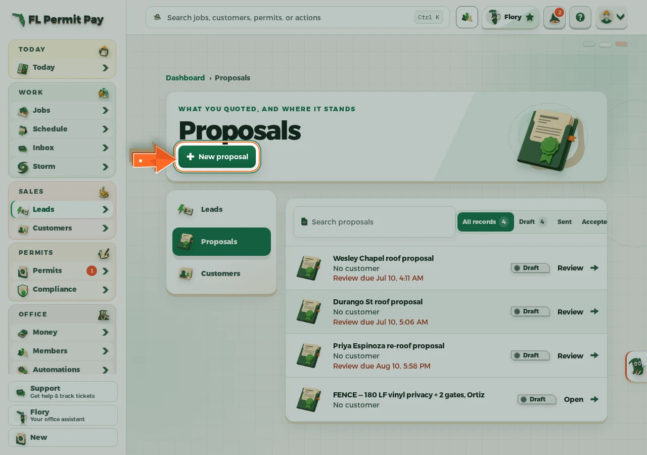 Where to find it: Open New proposal — the arrow points at the control