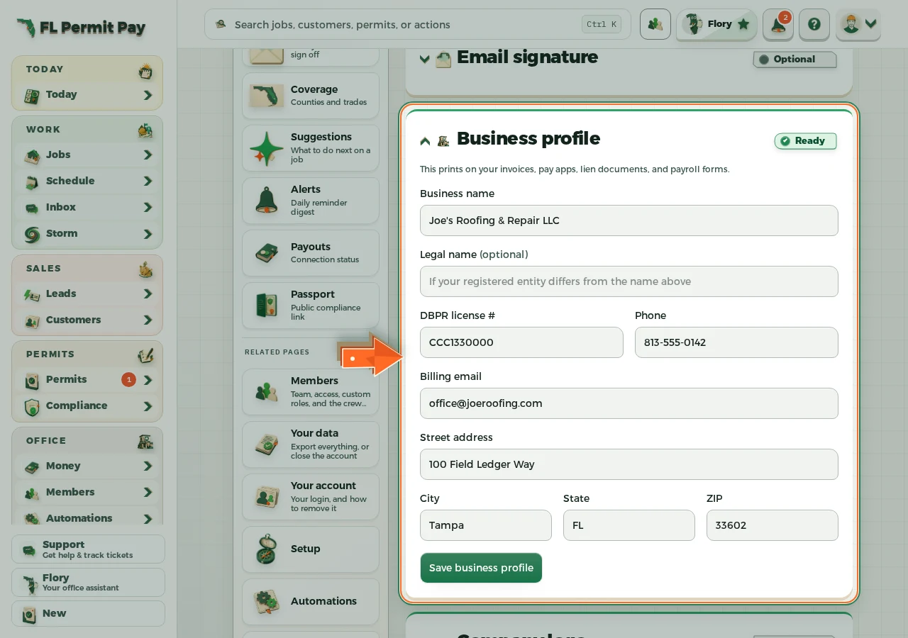 Where to find it: Company details — the arrow points at the control
