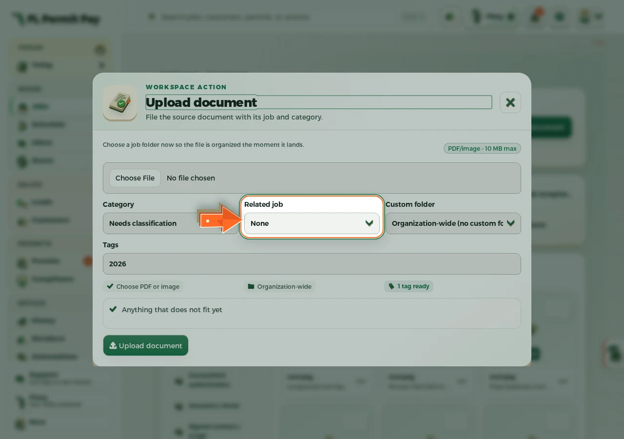 Where to find it: File it to the job — the arrow points at the control